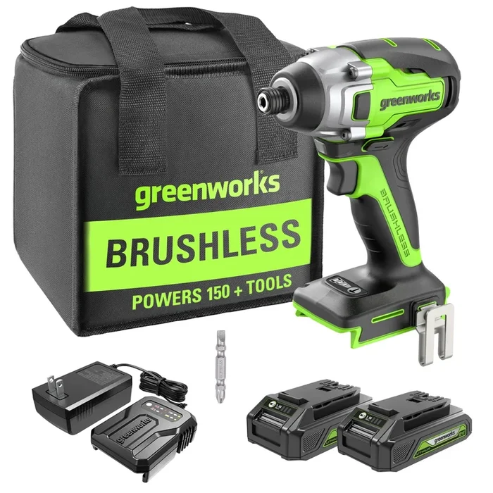 24V 1/4″ 2650 in/lbs Brushless Impact Driver w/ (2) 2.0Ah USB Batteries & Charger