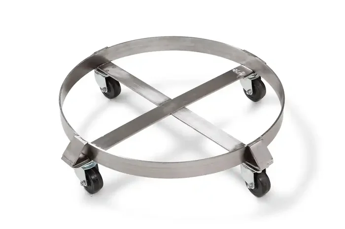 Drum dolly, stainless steel, for 205 litre drums, 4 swivel castors, blue
