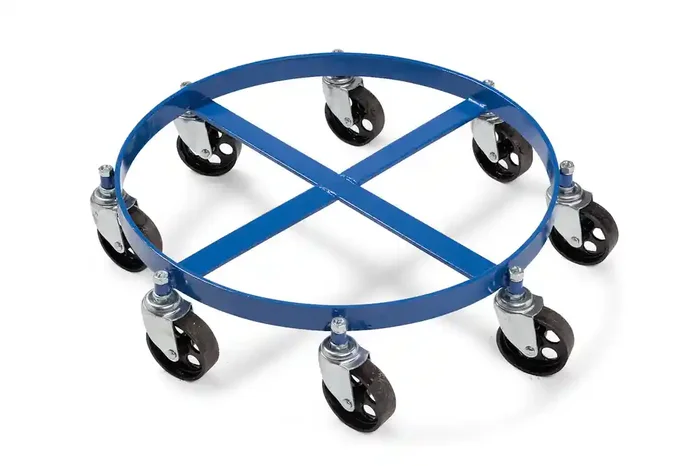 Drum dolly, steel, heavy duty, for 205 litre drums, load 500 kg, 8 swivel steel castors, blue