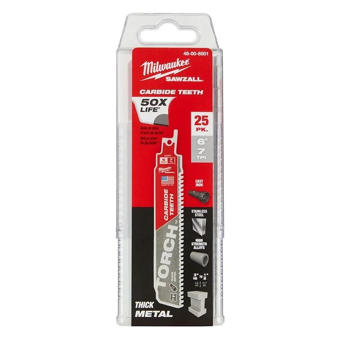 Milwaukee 48-00-8501 6″ 7TPI The TORCH™ with Carbide Teeth SAWZALL® Blade 25PK