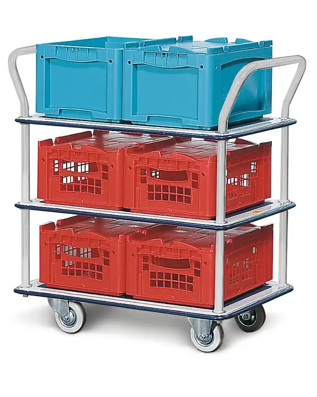 Tiered trolley TW-S 3, steel, with anti-slip surface on platform, 3 tiers and 2 folding handles